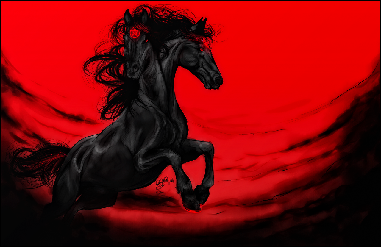 Красный единорог. Лошадь черный. Красная лошадь. Вороной конь. Лошадь на Красном фоне.