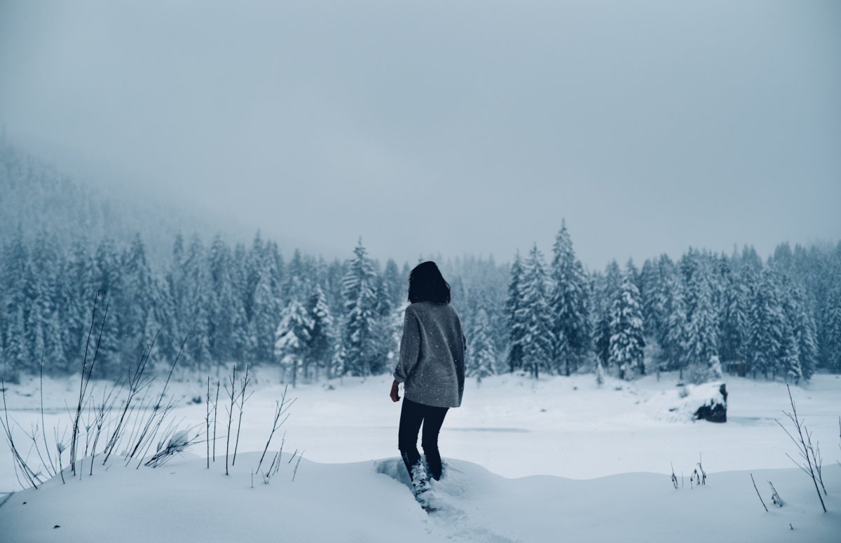 Девушка в зимнем лесу со спины