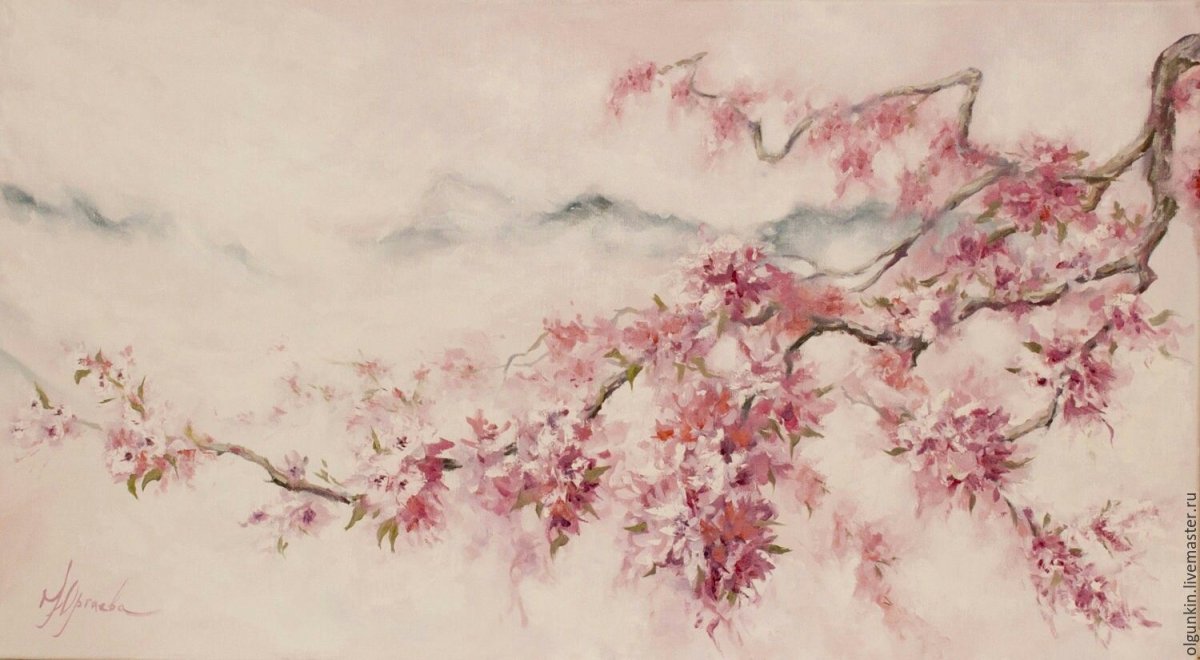 Сакура на фоне моря и гор