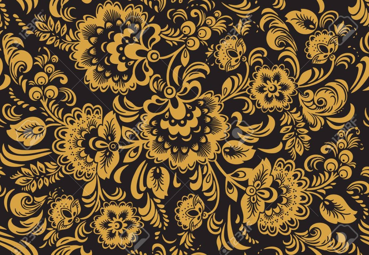 Золото орнамент Хохлома на черном фоне