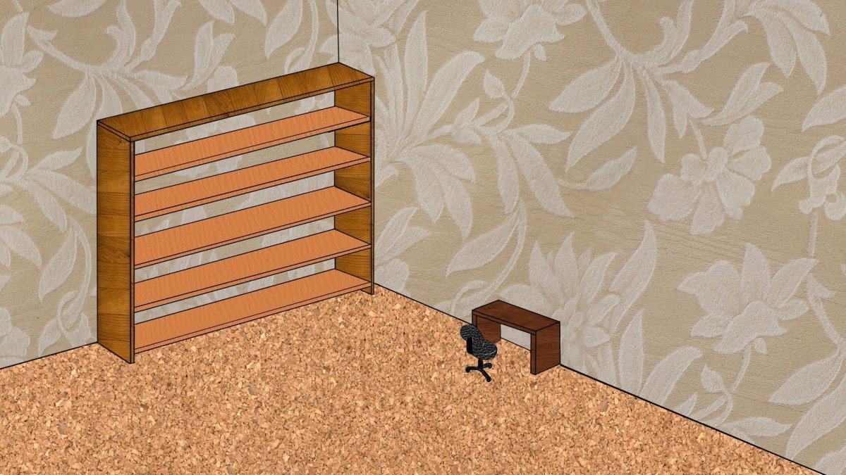 Обои в виде стола и стеллажа
