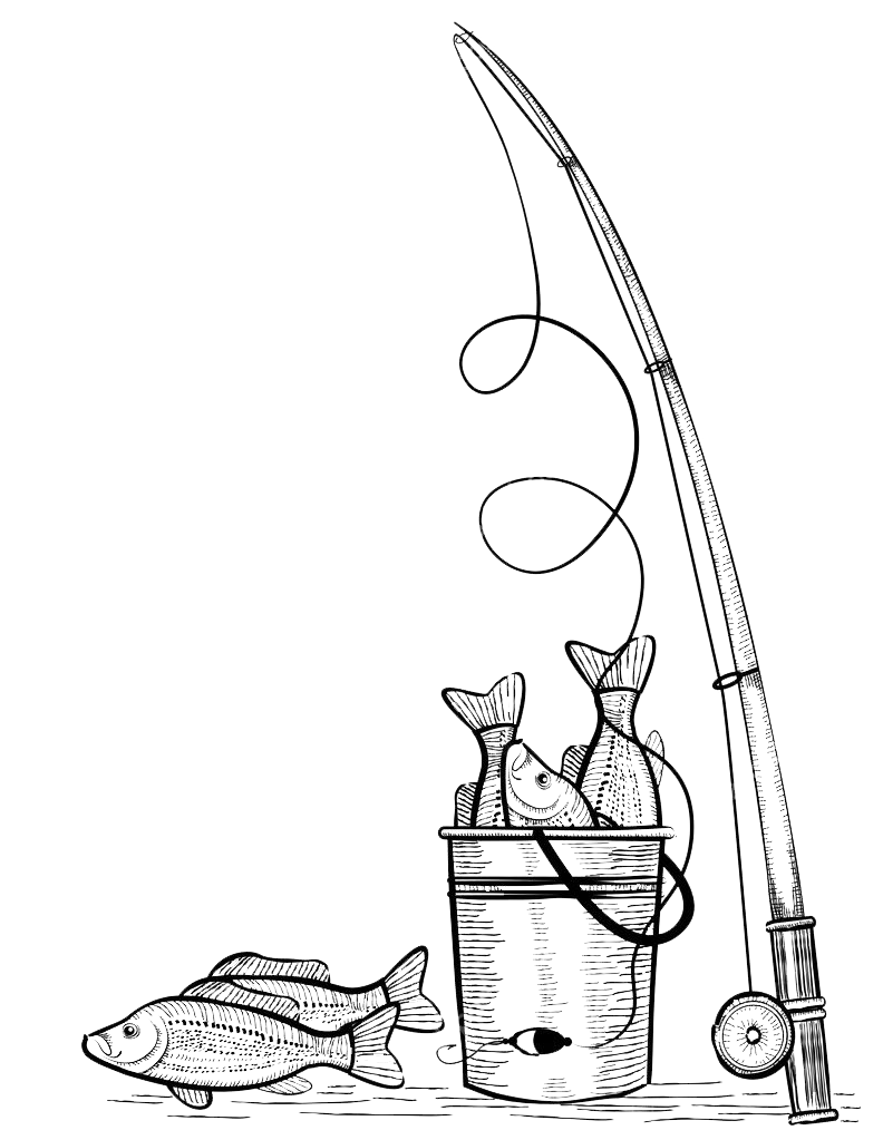Рыба в ведре и удочка