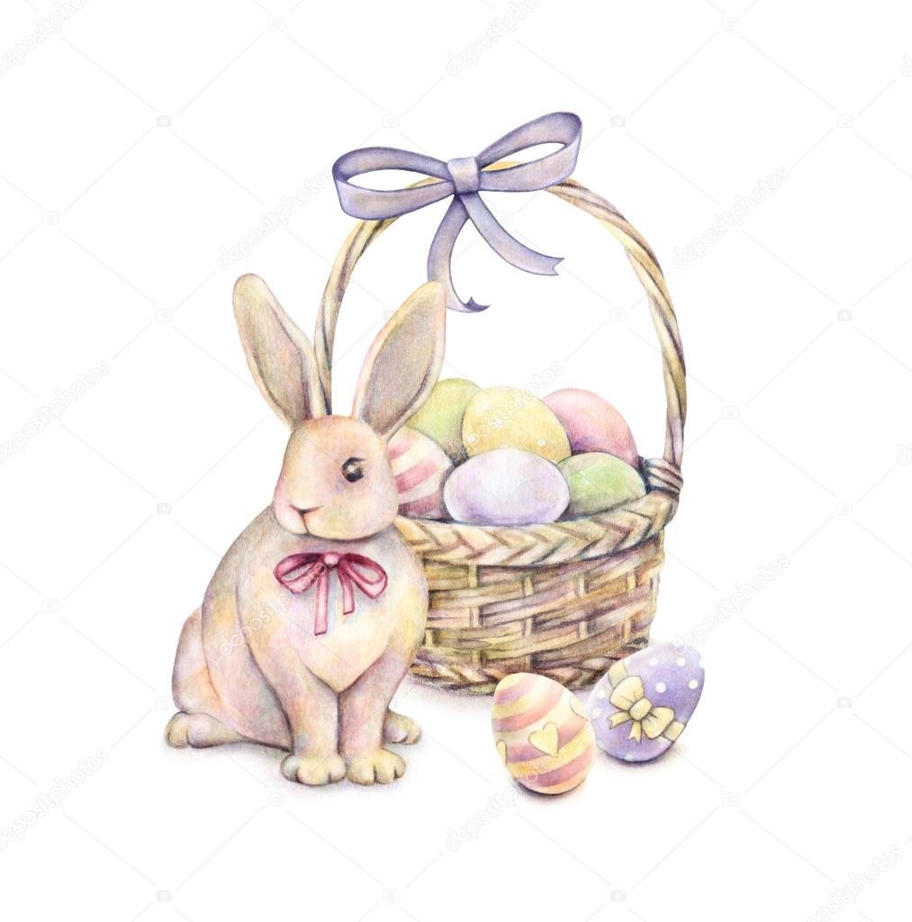 Кролик с корзинкой пасхальных яиц