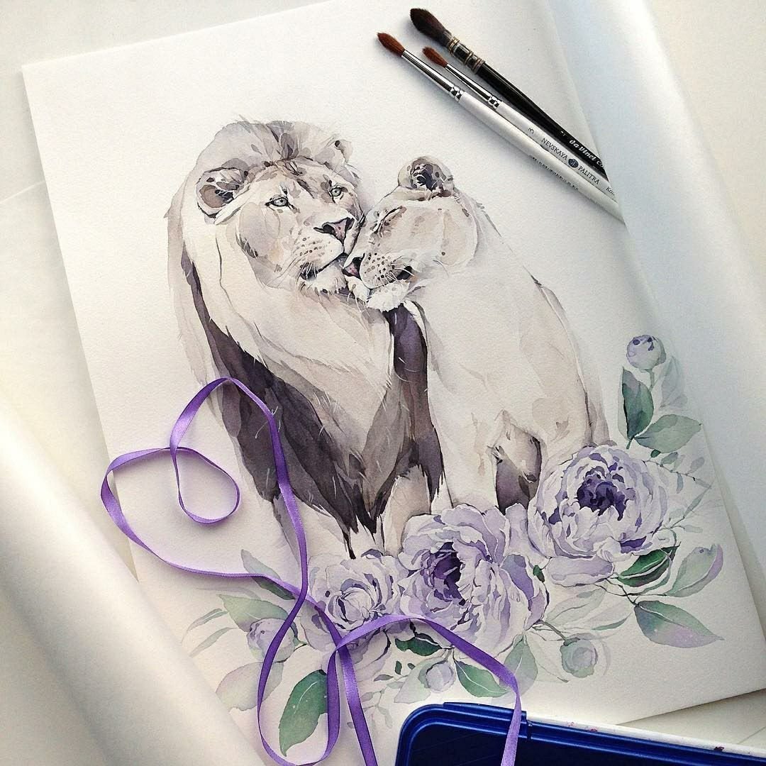 Наталья Каданцева акварель львы