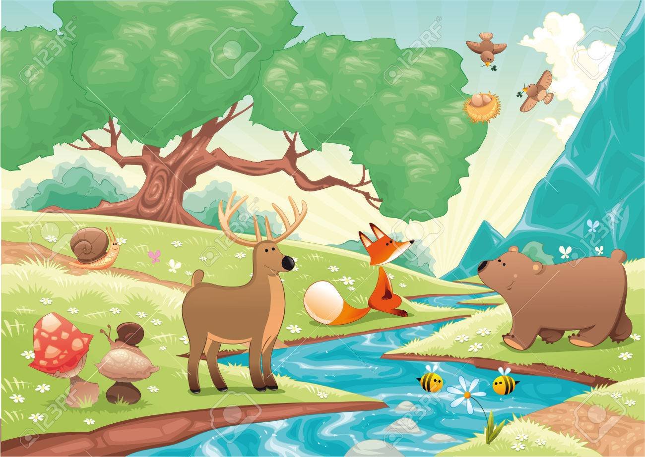 Лес с речкой иллюстрация животные