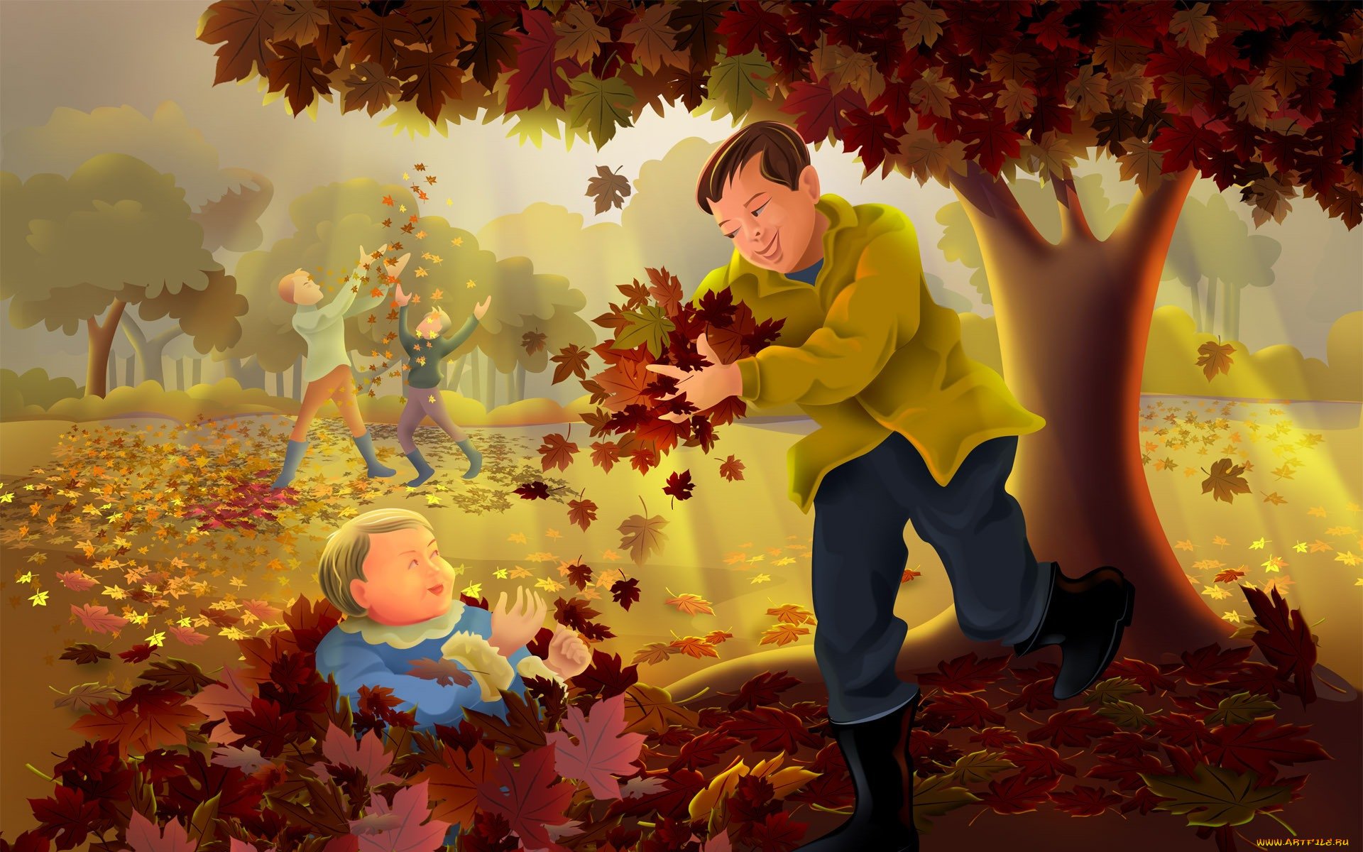 Осень детские картинки. Осень иллюстрации. Осень мультяшная. Осень картинки для детей. Дети собирают листья.