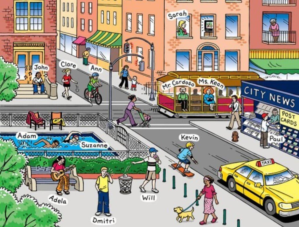 Let s the city. Иллюстрации улиц города для детей. Картинка ЛО Я описания. Изображение улицы с людьми. Картинки для описыввния.
