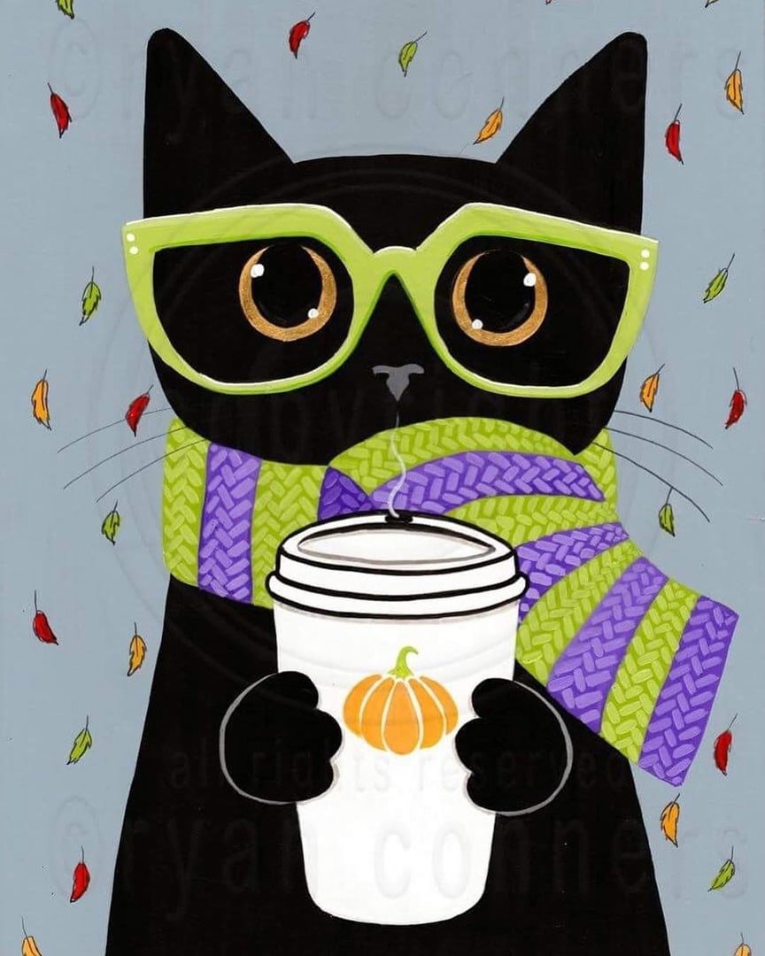 Котик с кофе арт