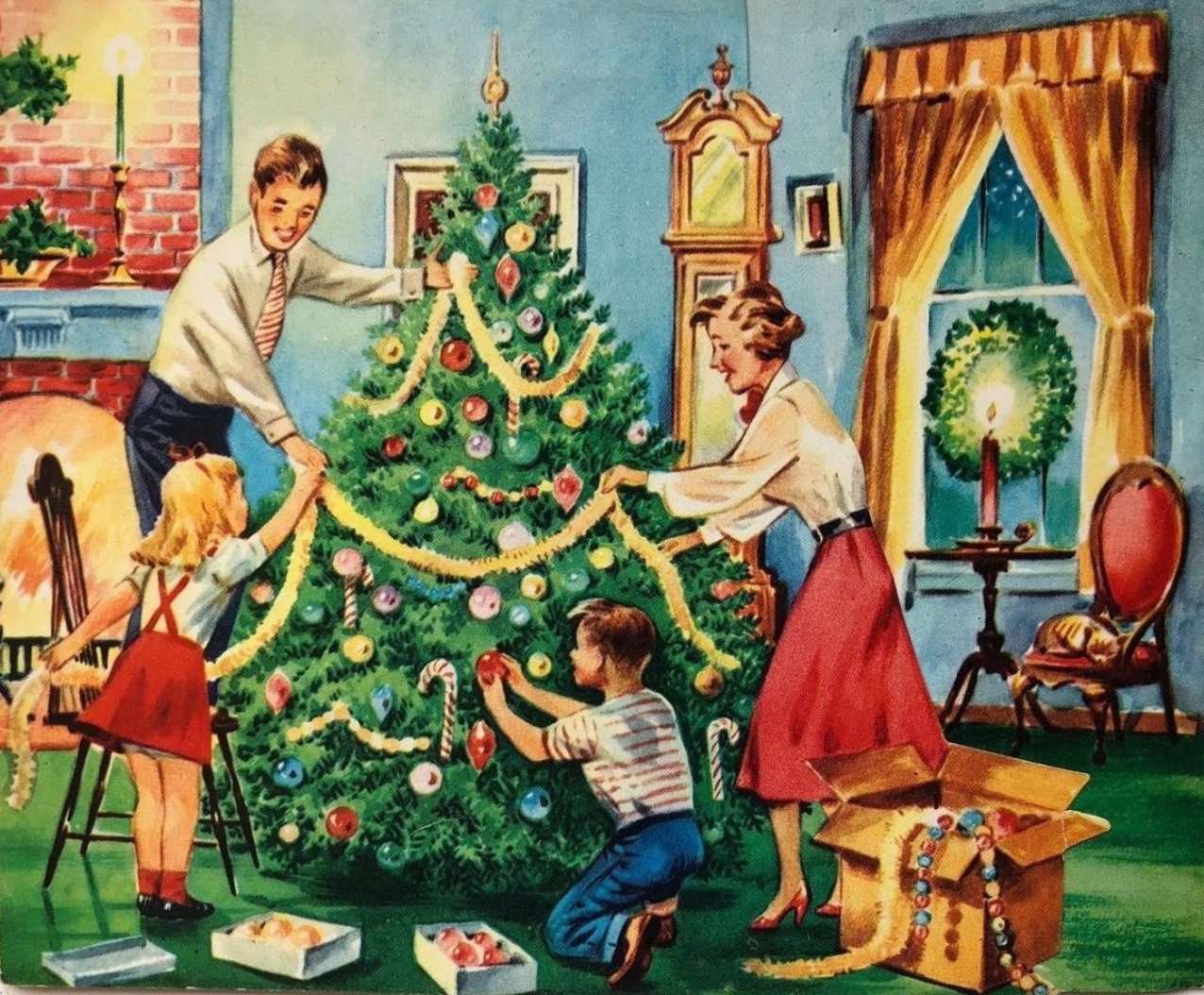 Друзья украшают елку. Дети наряжают елку. Семья наряжает елку. Украшаем елку всей семьей. Рождественские иллюстрации.