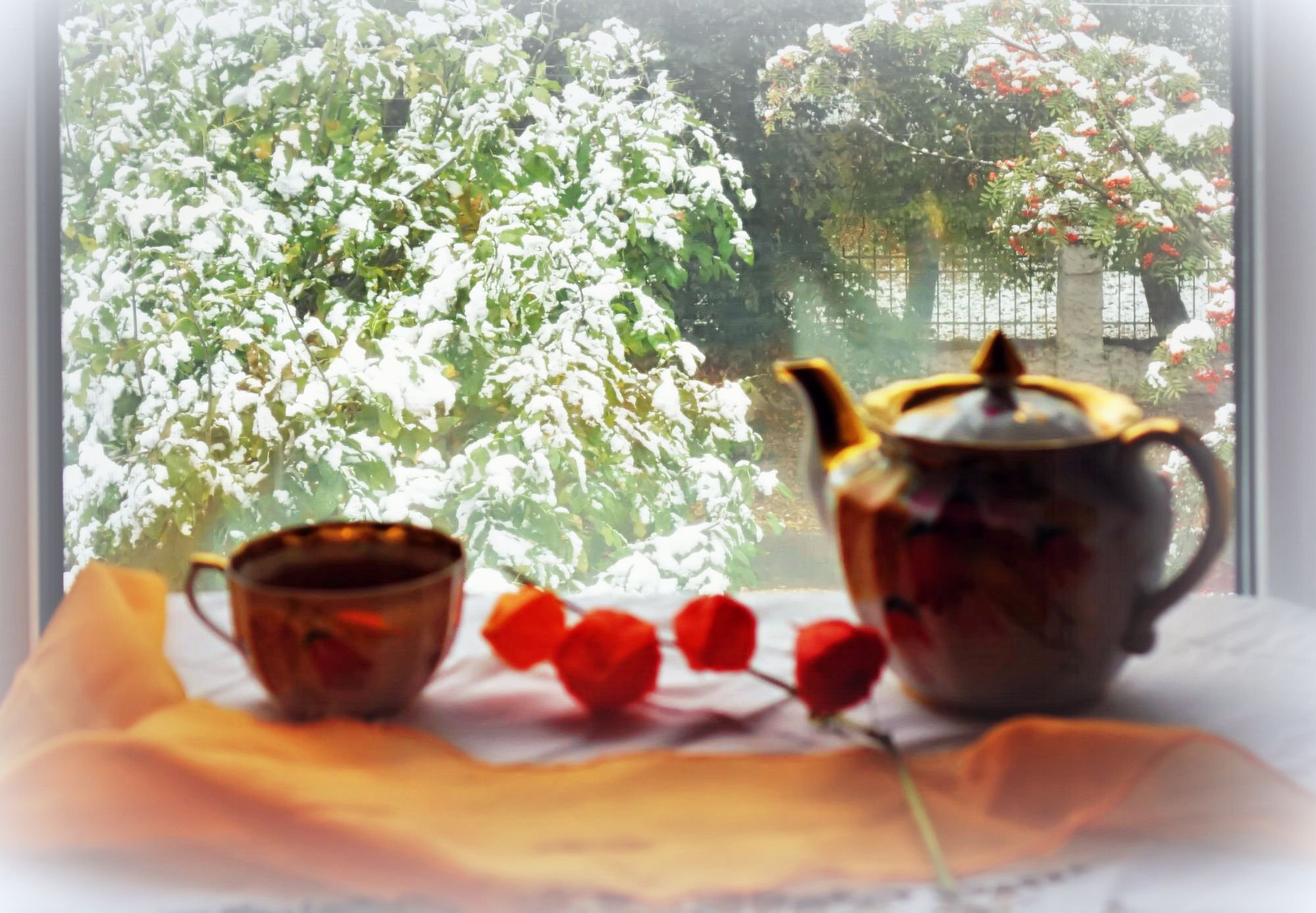 Теплое солнечное утро. Весеннее чаепитие. Зимнее чаепитие. Чай на весеннем окне. Чай и снег за окном.