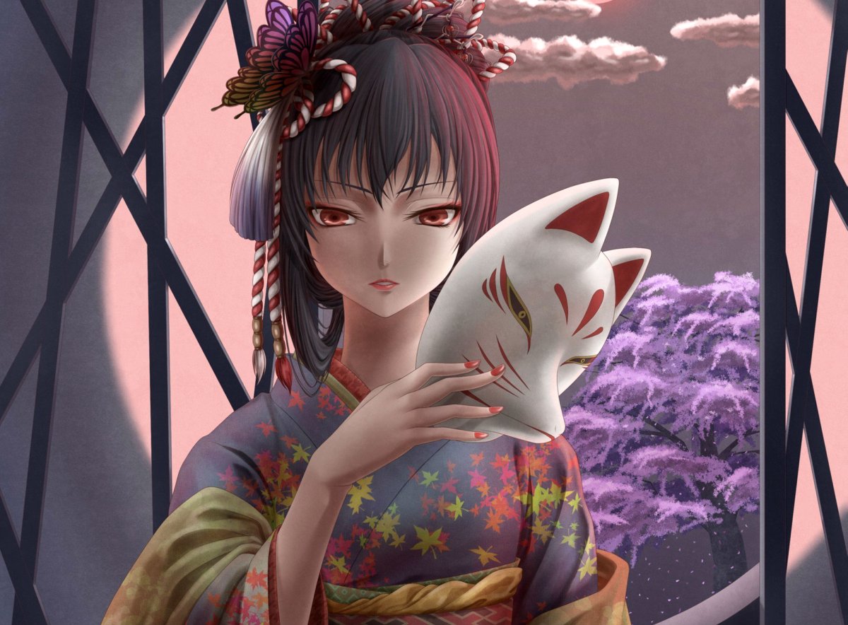 Кицунэ в маске и кимоно