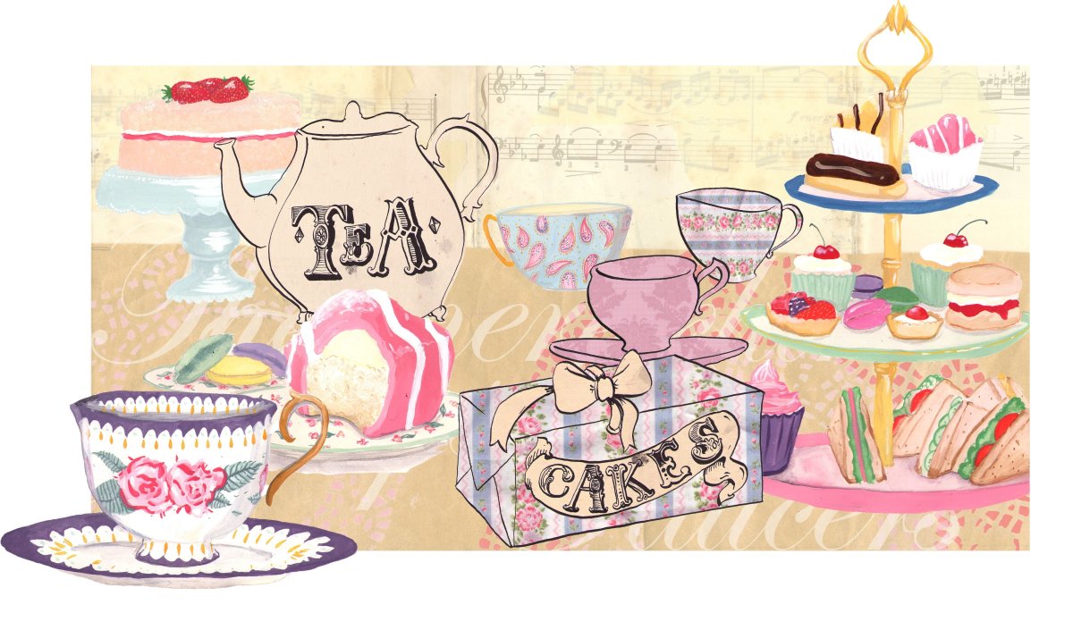 Чаепитие на фоне иллюстрации