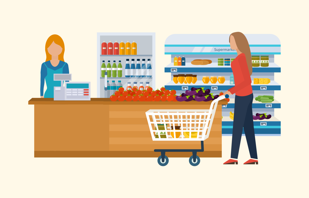 Прилавок и касса магазина иллюстрация