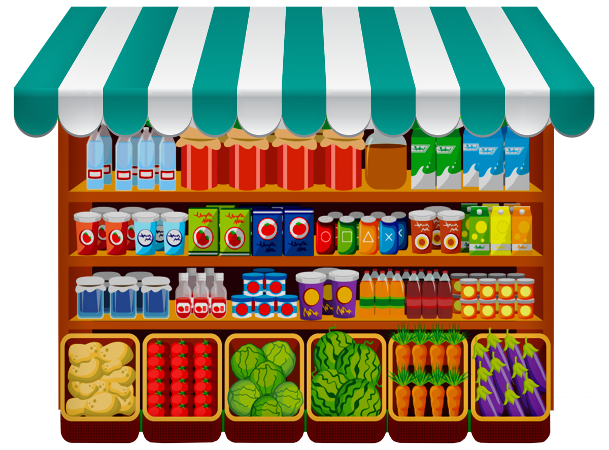 Витрина магазина продуктов для дошкольников
