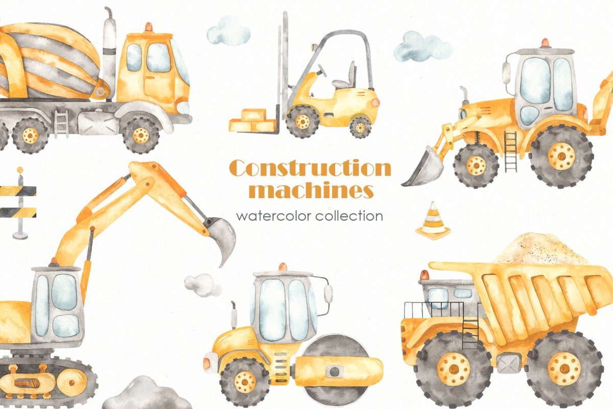 Машины строительные в акварели