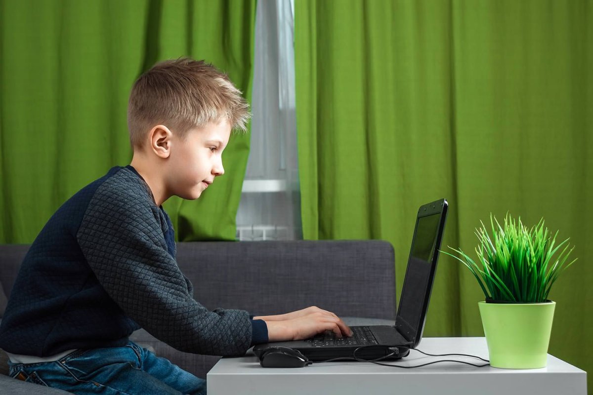 Школьник сидит за ноутбуком