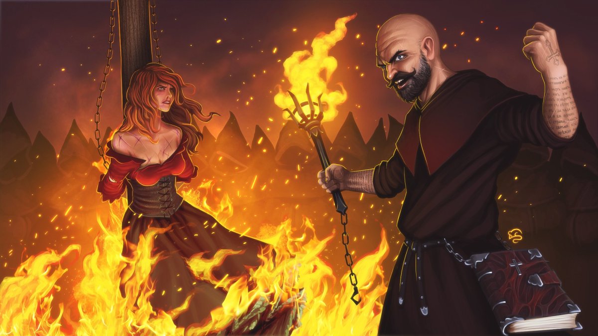 Ведьма на костре карандашом