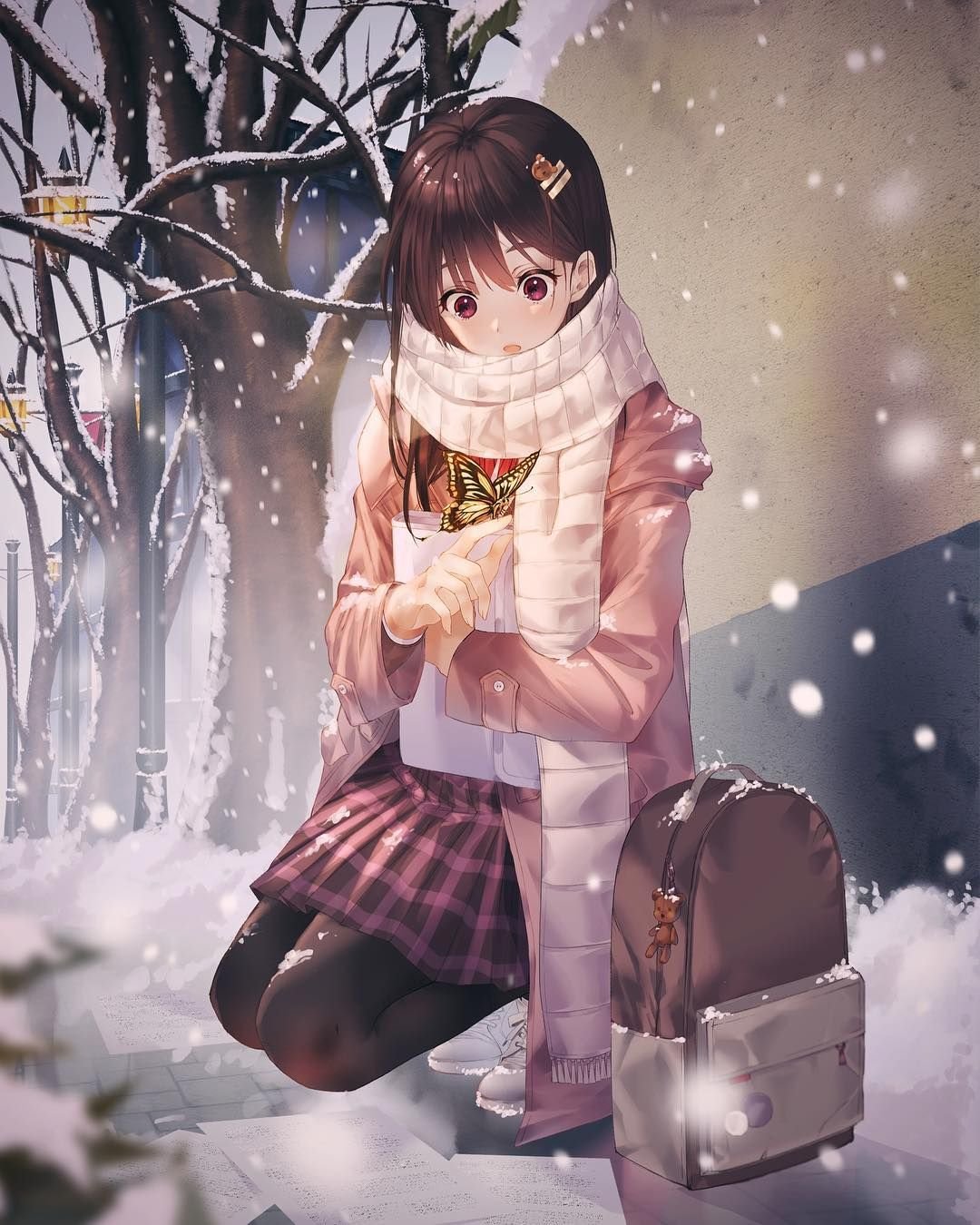 Аниме девушка снег